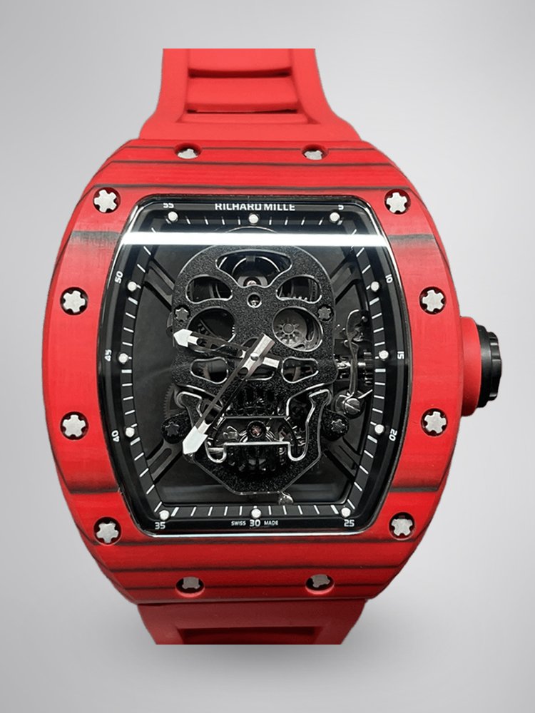 03889458bee2b5c2b00b7d3085dd1cf0.jpg Replica Richard Mille RM 52-01 Skeleton Skull Dial Men's Watch – Swiss Movement, Red Carbon Case - Image 1
