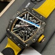 Swiss Replica Richard Mille RM 12-01 Tourbillon Watch – Bold Yellow Fabric Strap, Carbon Fiber Barrel Case, Skeleton Dial - Image 6