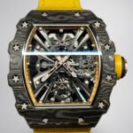 Swiss Replica Richard Mille RM 12-01 Tourbillon Watch – Bold Yellow Fabric Strap, Carbon Fiber Barrel Case, Skeleton Dial
