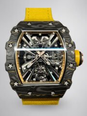 Swiss Replica Richard Mille RM 12-01 Tourbillon Watch – Bold Yellow Fabric Strap, Carbon Fiber Barrel Case, Skeleton Dial