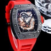 Swiss Replica Richard Mille RM 57-03 Dragon Skeleton Dial, Carbon Fiber Case, Red Rubber Strap Luxury Watch - Image 4