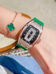 Luxury Replica Richard Mille RM 007 Ladies Diamond Set Green Strap Watch – Black Dial, Green Rubber Strap - Image 6
