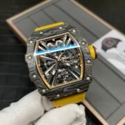 Swiss Replica Richard Mille RM 12-01 Tourbillon Watch – Bold Yellow Fabric Strap, Carbon Fiber Barrel Case, Skeleton Dial - Image 4