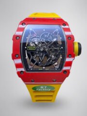 Best Richard Mille RM35-02 Replica – Red Carbon Case, Yellow Strap, Swiss Movement, Skeleton Dial