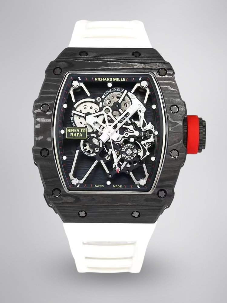 3ab840e9dfc39d5720dc37e5319513d9.jpg Top Swiss Replica Richard Mille RM35-01 – Carbon Fiber Case & White Rubber Strap - Image 1