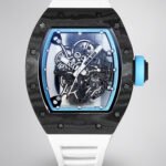 Best Replica RICHARD MILLE RM 055 Skeleton Watch - Swiss Movement Super Clone, Carbon Fiber Case, Sporty White Rubber Strap