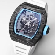 Best Replica RICHARD MILLE RM 055 Skeleton Watch - Swiss Movement Super Clone, Carbon Fiber Case, Sporty White Rubber Strap - Image 3