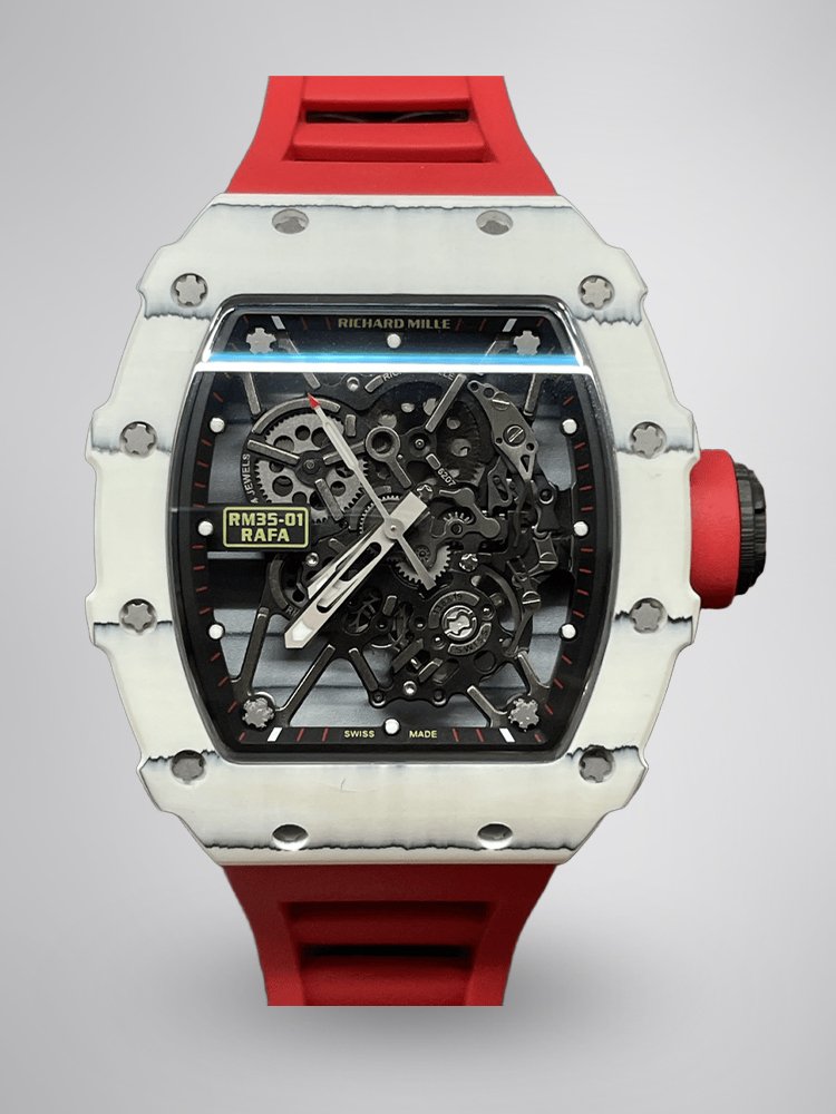 458a88794163c9e3a523593b84d6446e.jpg Richard Mille RM 35-01 Replica Rafael Nadal White Carbon Case Red Strap Watch | Swiss Movement, Skeleton Dial - Image 1