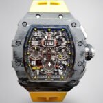 Best Swiss Replica Richard Mille RM 011 Skeleton Dial Watch – Carbon Fiber Case, Yellow Rubber Strap