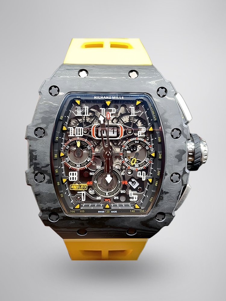 4cab4f2c40200b852d400331e2464163.jpg Best Swiss Replica Richard Mille RM 011 Skeleton Dial Watch – Carbon Fiber Case, Yellow Rubber Strap - Image 1