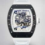 Richard Mille RM055 Skeleton Swiss Replica, Titanium Carbon Fiber Case, White Rubber Strap