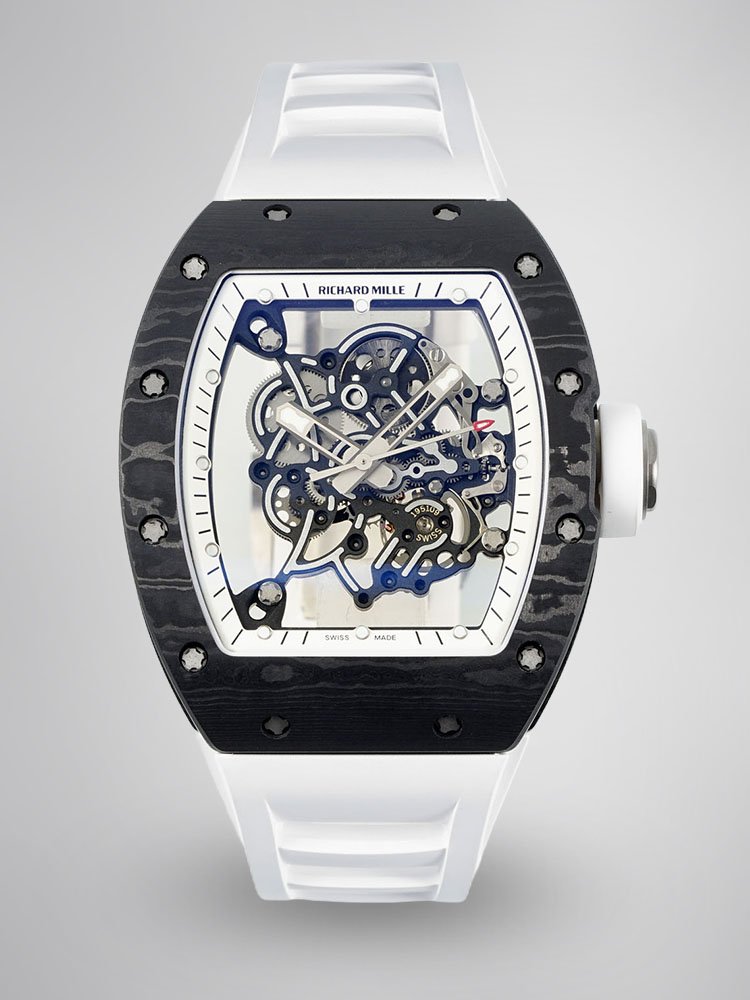 53122ab22496aef13e35bab762079f0e.jpg Richard Mille RM055 Skeleton Swiss Replica, Titanium Carbon Fiber Case, White Rubber Strap - Image 1