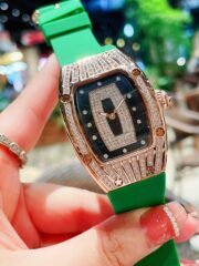 Luxury Replica Richard Mille RM 007 Ladies Diamond Set Green Strap Watch – Black Dial, Green Rubber Strap - Image 3
