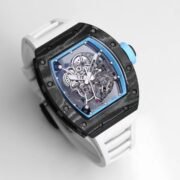 Best Replica RICHARD MILLE RM 055 Skeleton Watch - Swiss Movement Super Clone, Carbon Fiber Case, Sporty White Rubber Strap - Image 5