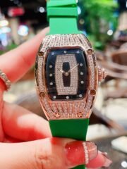 Luxury Replica Richard Mille RM 007 Ladies Diamond Set Green Strap Watch – Black Dial, Green Rubber Strap - Image 2