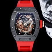 Swiss Replica Richard Mille RM 57-03 Dragon Skeleton Dial, Carbon Fiber Case, Red Rubber Strap Luxury Watch - Image 2