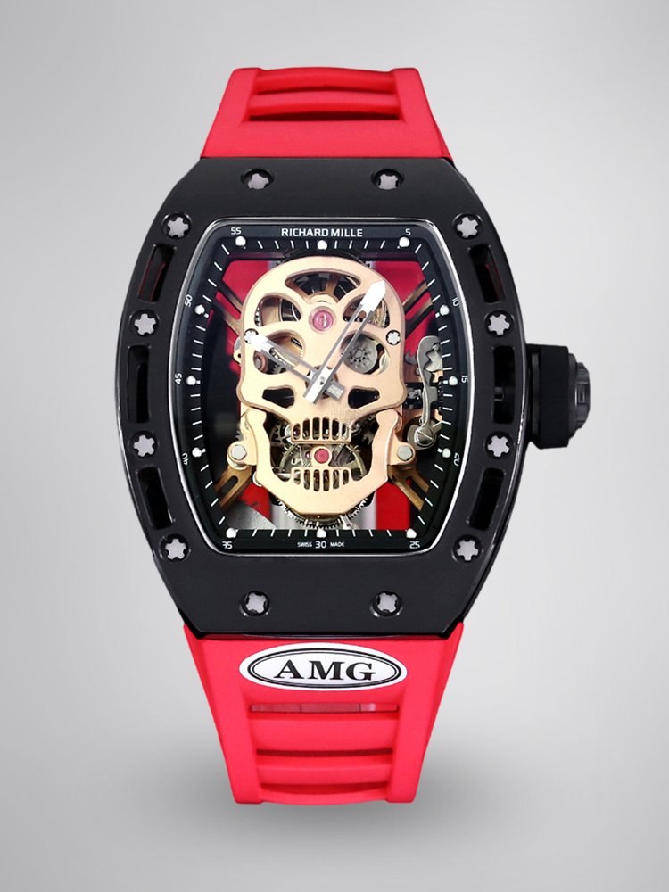 8bf0e621ce0386b7f49edacdec195ba9.jpg Best Swiss Replica RICHARD MILLE RM 52 Watch – Skeleton Tourbillon , Red Strap - Image 1