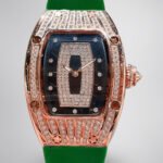 Luxury Replica Richard Mille RM 007 Ladies Diamond Set Green Strap Watch – Black Dial, Green Rubber Strap