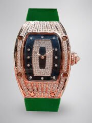 Luxury Replica Richard Mille RM 007 Ladies Diamond Set Green Strap Watch – Black Dial, Green Rubber Strap