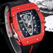 Luxury Sport Replica Richard Mille RM 40-01 Red Carbon Fiber Case Watch With Black Rubber Strap - Image 7