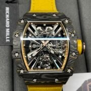 Swiss Replica Richard Mille RM 12-01 Tourbillon Watch – Bold Yellow Fabric Strap, Carbon Fiber Barrel Case, Skeleton Dial - Image 3