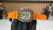 Swiss Replica Richard Mille RM 11-03 McLaren Watch – Carbon Fiber Skeleton Chronograph with Striking Orange Rubber Strap - Image 4