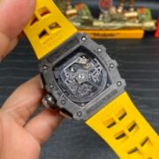 Best Swiss Replica Richard Mille RM 011 Skeleton Dial Watch – Carbon Fiber Case, Yellow Rubber Strap - Image 9