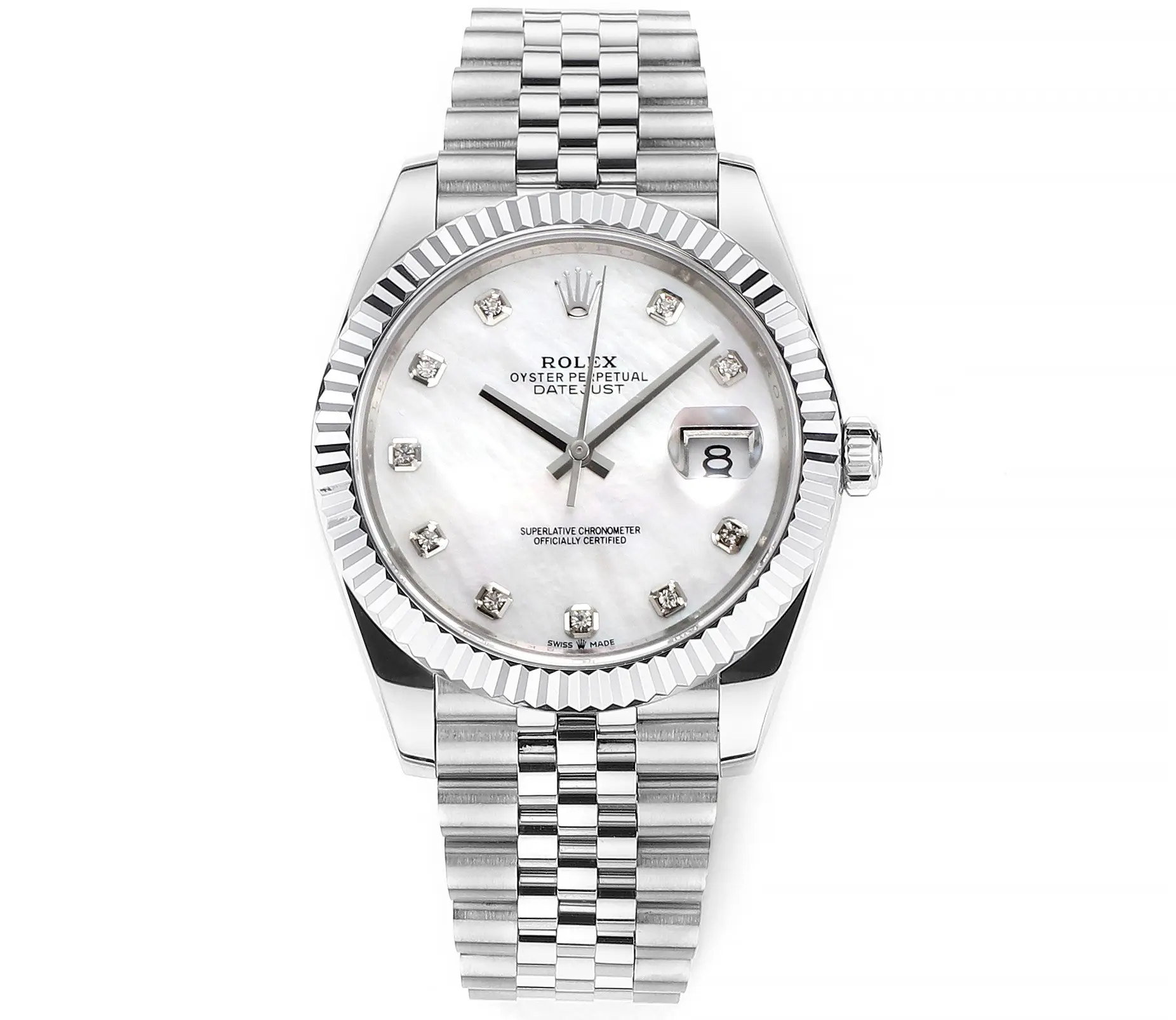 src_0-112.webp Rolex Datejust 41mm Silver Stainless Steel Watch with Diamond Dial, Fluted Bezel - Image 1