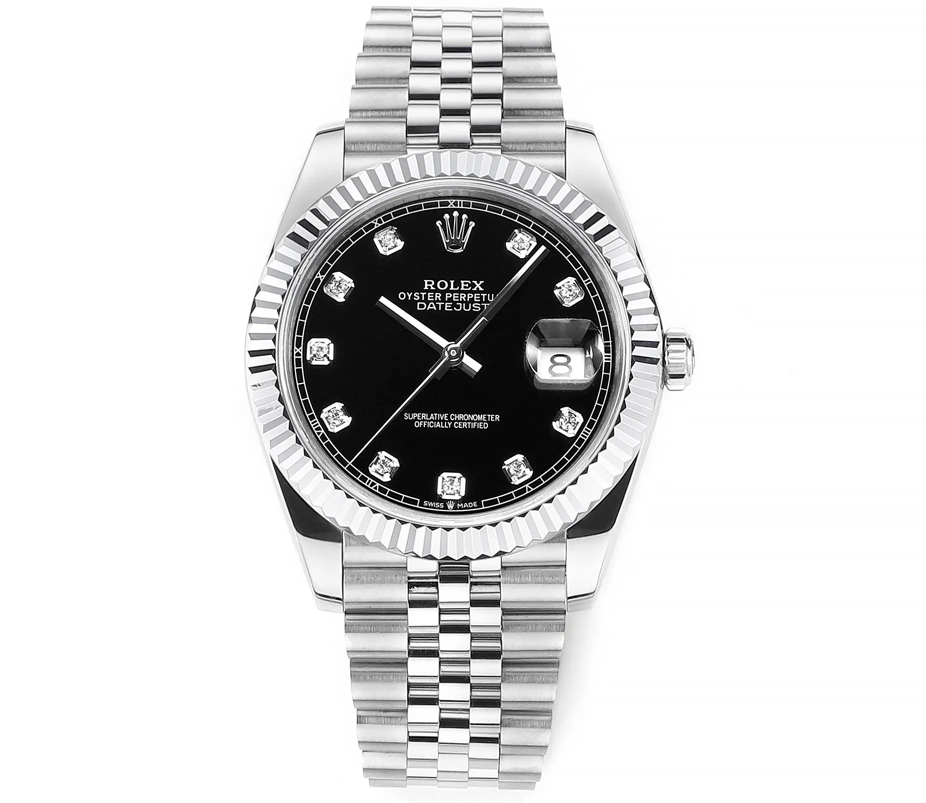 src_0-121.webp Rolex Datejust 41mm Watch – Silver with Black Dial, Diamond Markers - Image 1