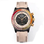 Rolex Daytona Custom Carbon Fiber Night Glow Case Watch – Black with Rainbow Bezel, Beige Strap