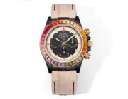 Rolex Daytona Custom Carbon Fiber Night Glow Case Watch – Black with Rainbow Bezel, Beige Strap