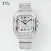 Cartier Santos Full Diamond Bezel Silver Watch