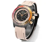 Rolex Daytona Custom Carbon Fiber Night Glow Case Watch – Black with Rainbow Bezel, Beige Strap - Image 2