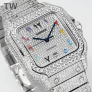 Cartier Santos Full Diamond Bezel Silver Watch - Image 9