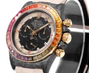 Rolex Daytona Custom Carbon Fiber Night Glow Case Watch – Black with Rainbow Bezel, Beige Strap - Image 3