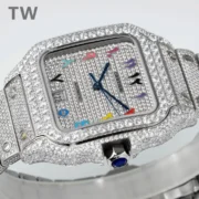 Cartier Santos Full Diamond Bezel Silver Watch - Image 2